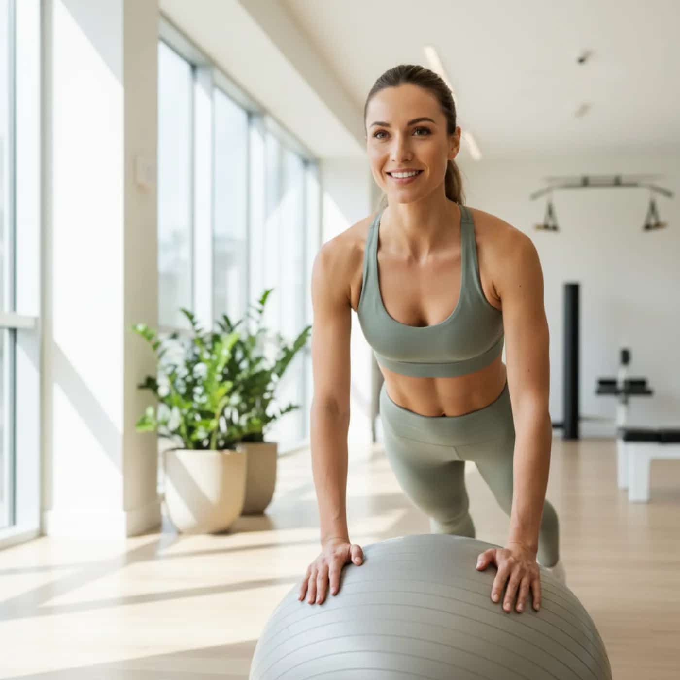 Sporty fit woman training on a stability ball with a confident smile — peptide research applied to vitality, performance and longevity