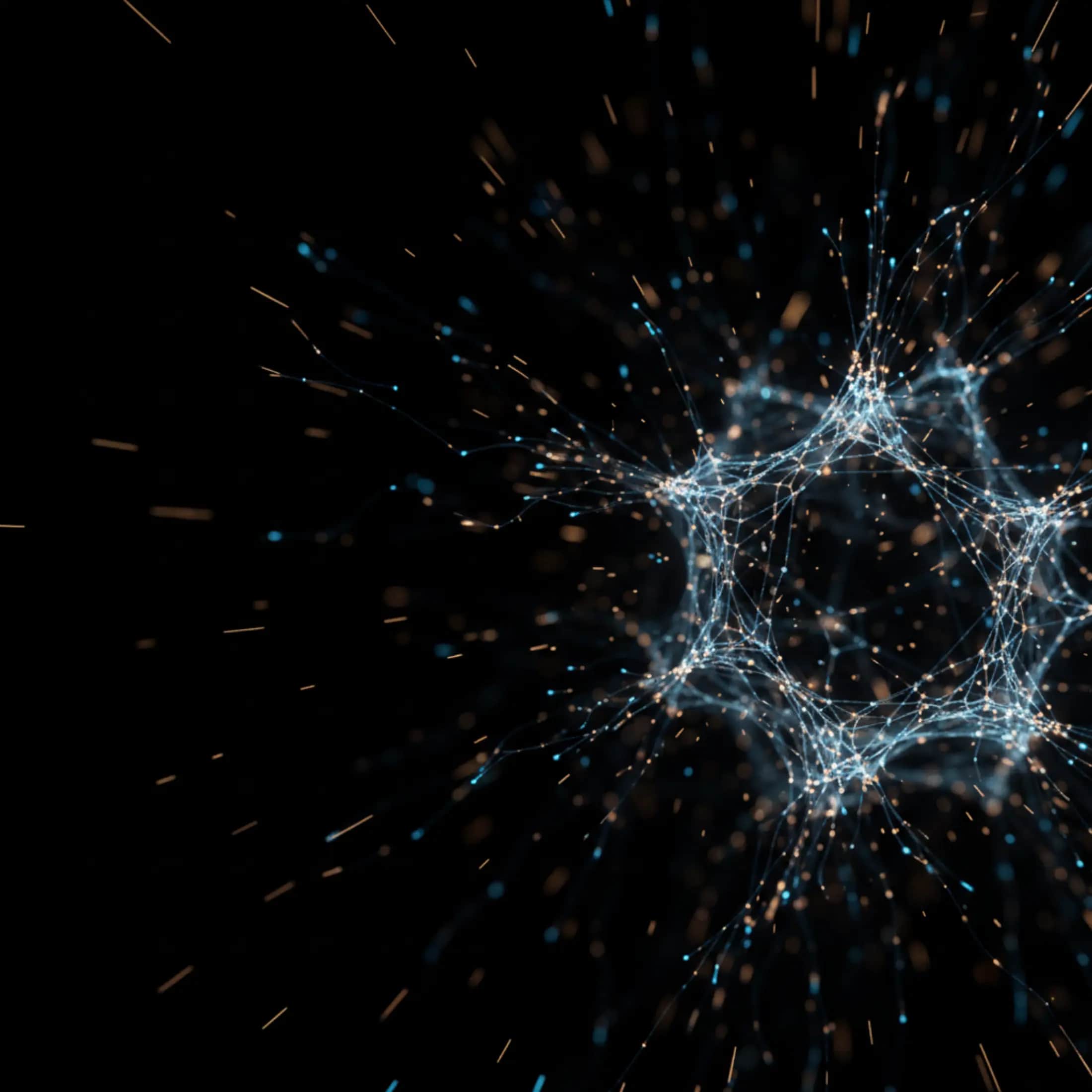 Cognitive nootropic research peptides Selank and Semax — abstract bioluminescent neural network in indigo and gold