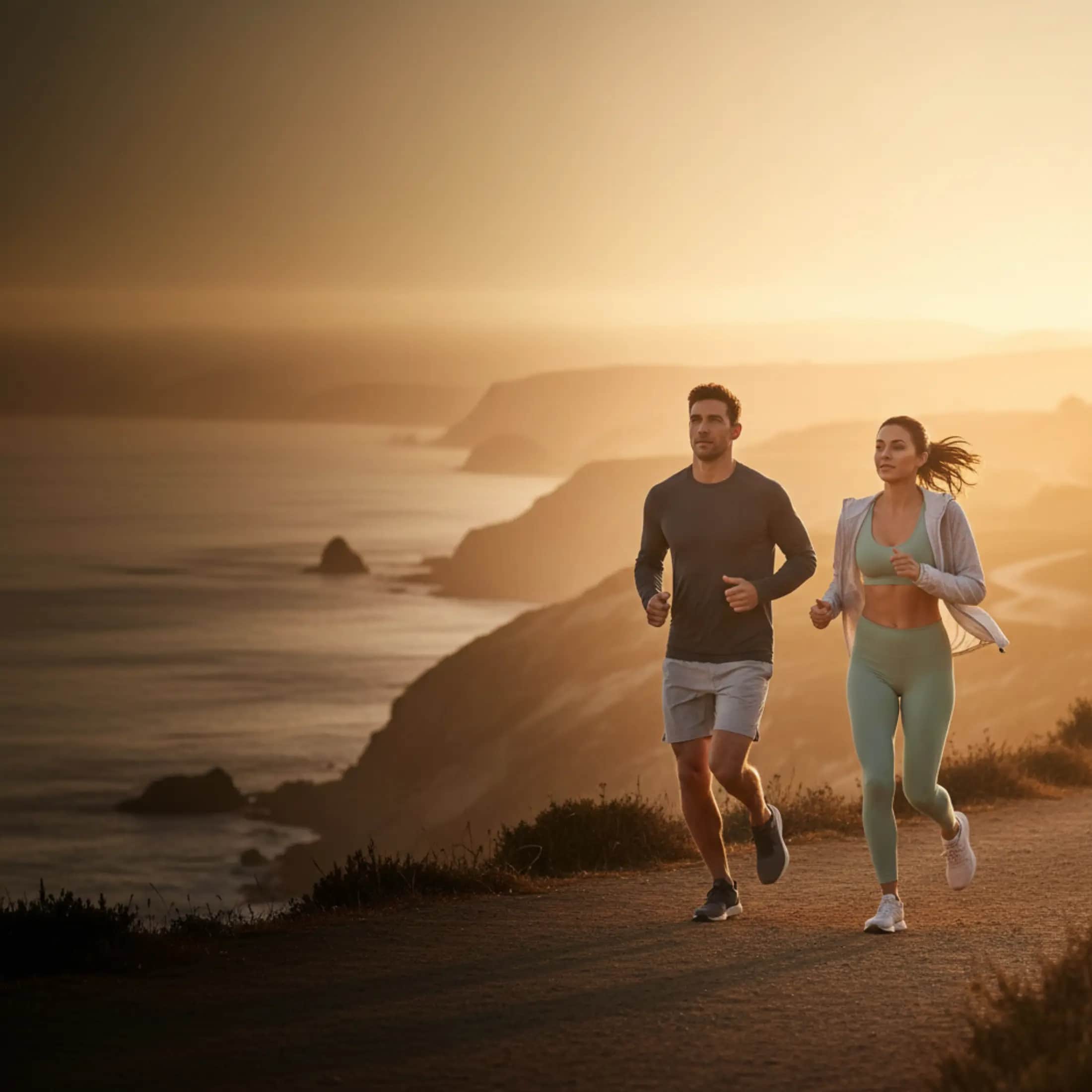 Pharmaceutical research peptide catalog — fit aspirational couple jogging at golden hour on a coastal trail
