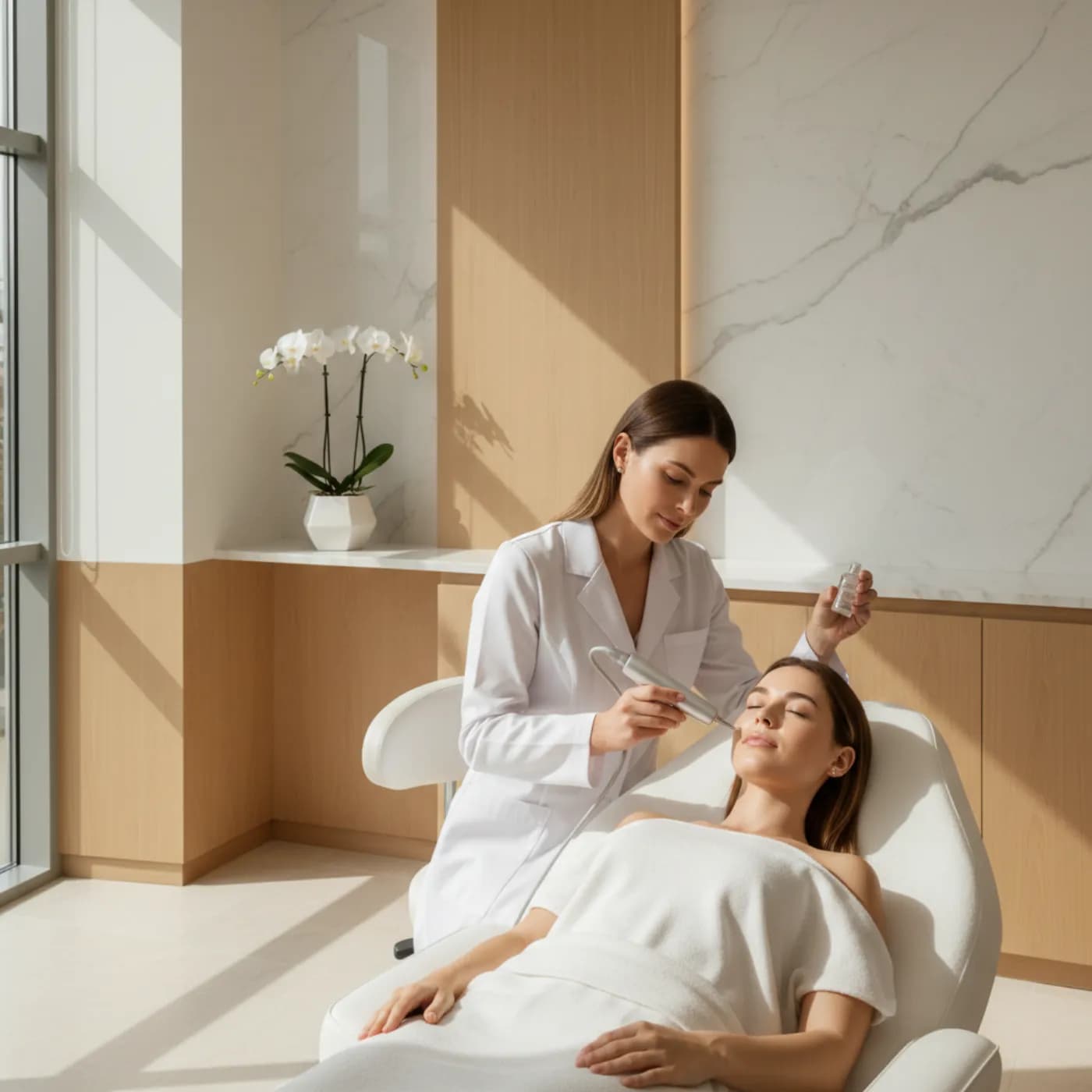 Calyssee cosmetic peptide treatment — dermatologist applying skincare in a luxury beauty clinic