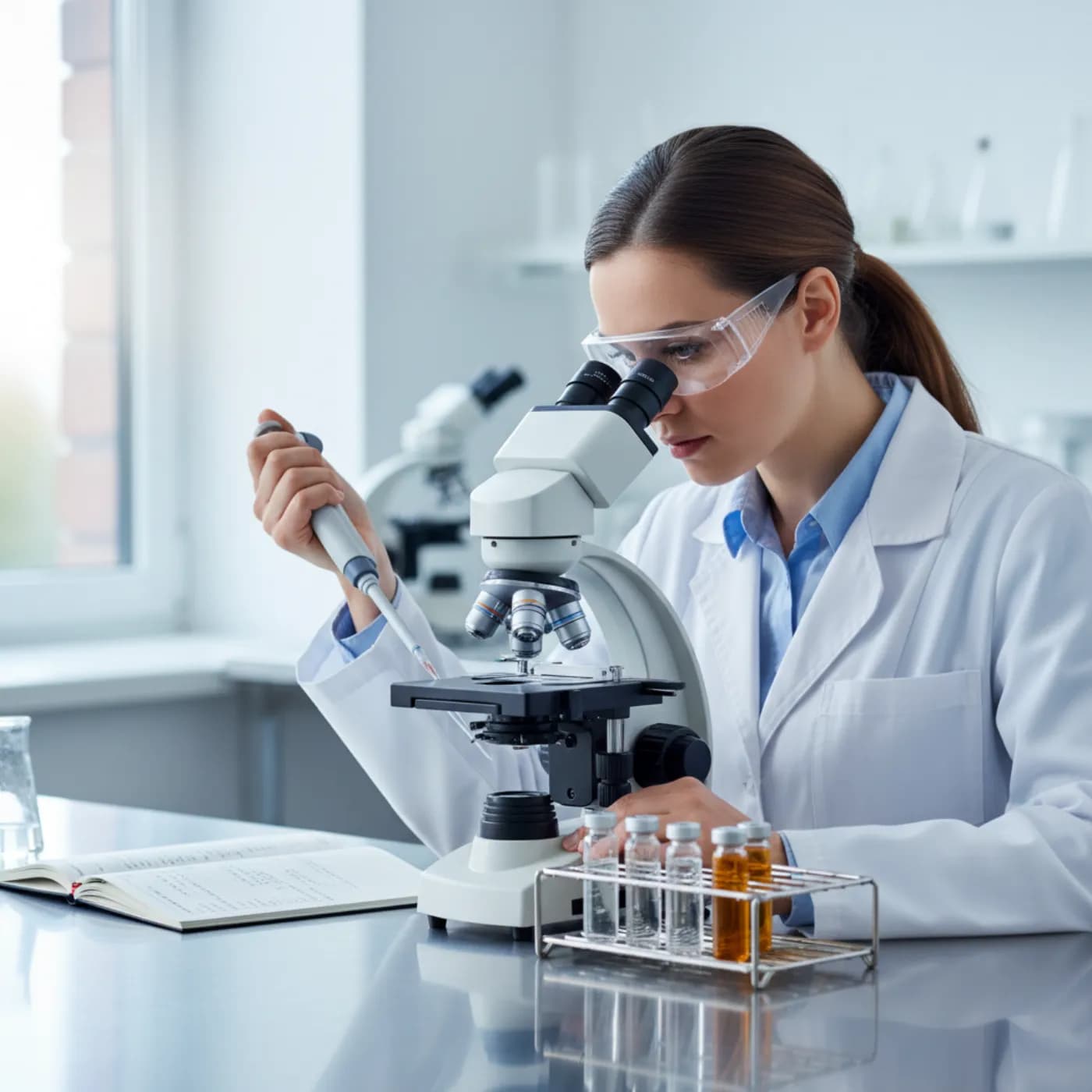 Supreme Biologics scientist analysing research peptides through an optical microscope in a modern biotech laboratory