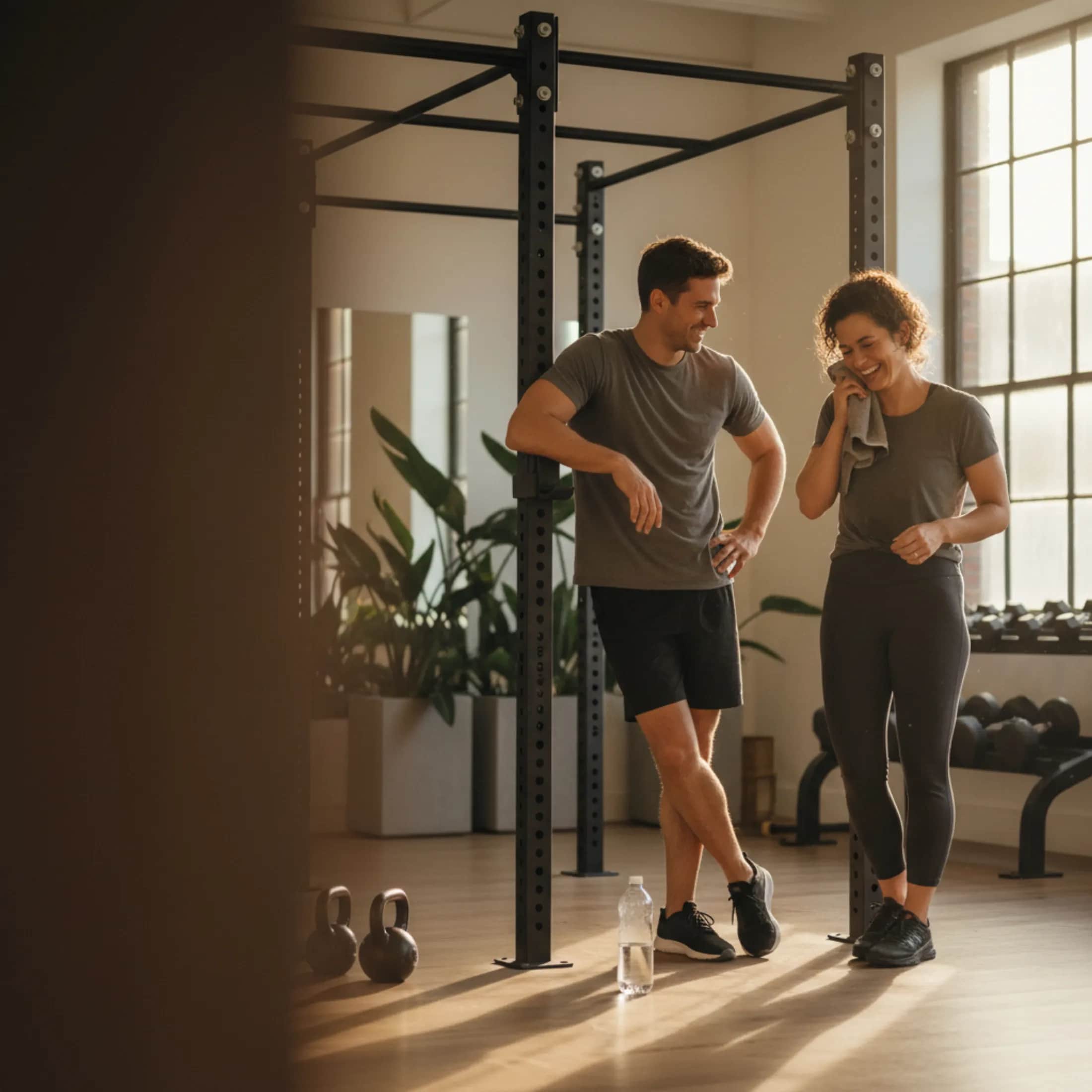 Most popular research peptides — fit couple sharing a candid moment between sets in a modern boutique gym