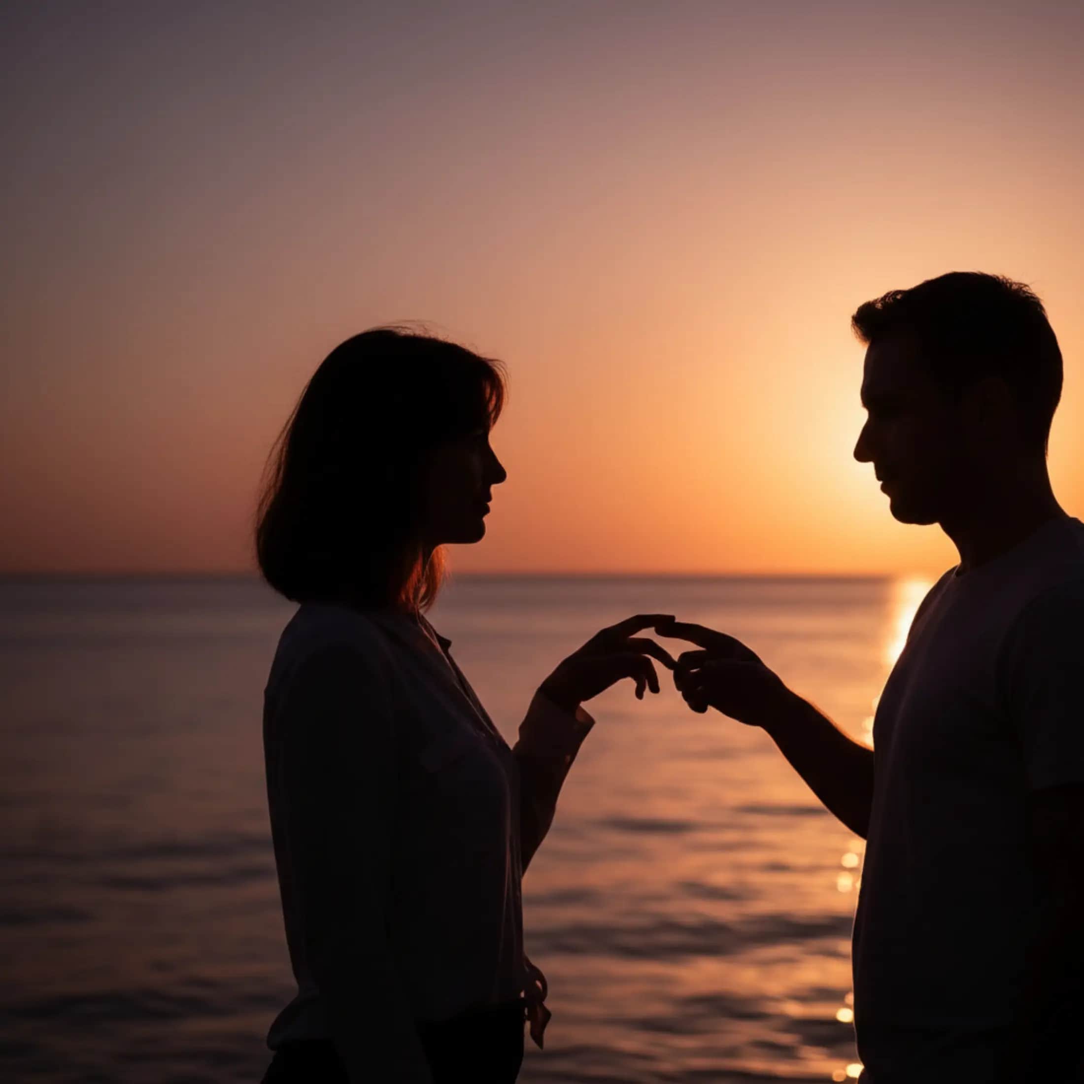 Research peptides PT-141 e Kisspeptin-10 per vitalità — silhouette di una coppia al caldo tramonto rosa-oro