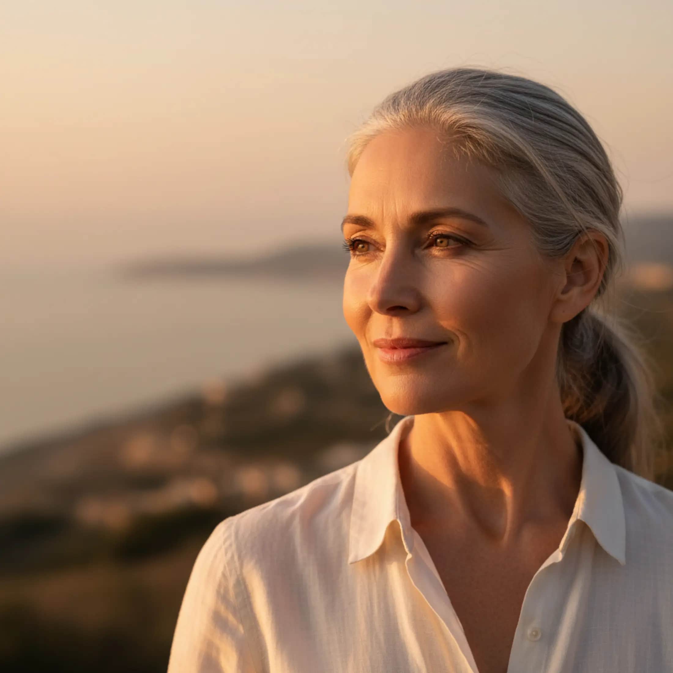 Longevity research peptides for cellular aging — portrait of a vital woman in her 60s at golden-hour mediterranean sunrise