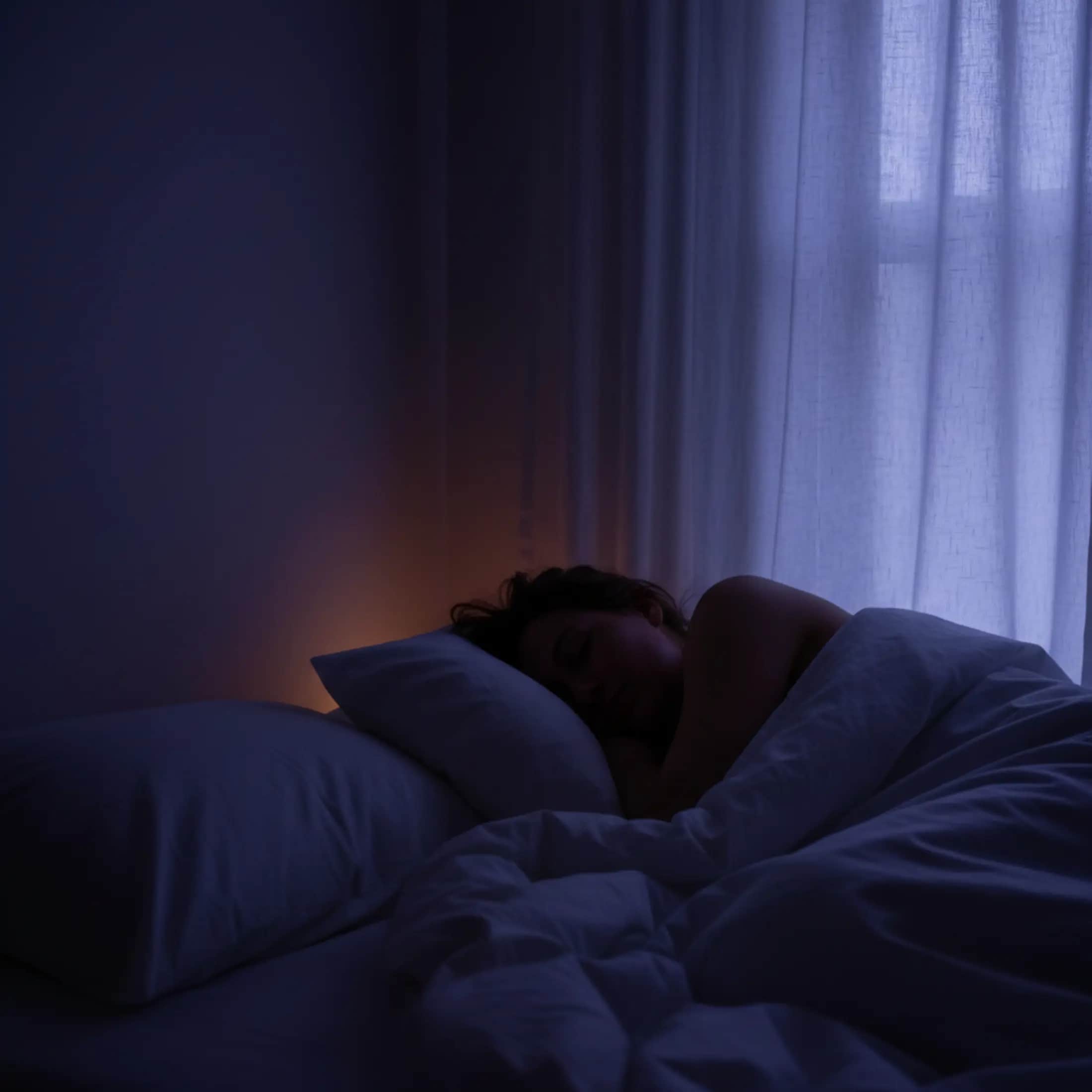 DSIP research peptides per il sonno — silhouette di una persona che dorme serenamente in una camera indaco prima dell'alba