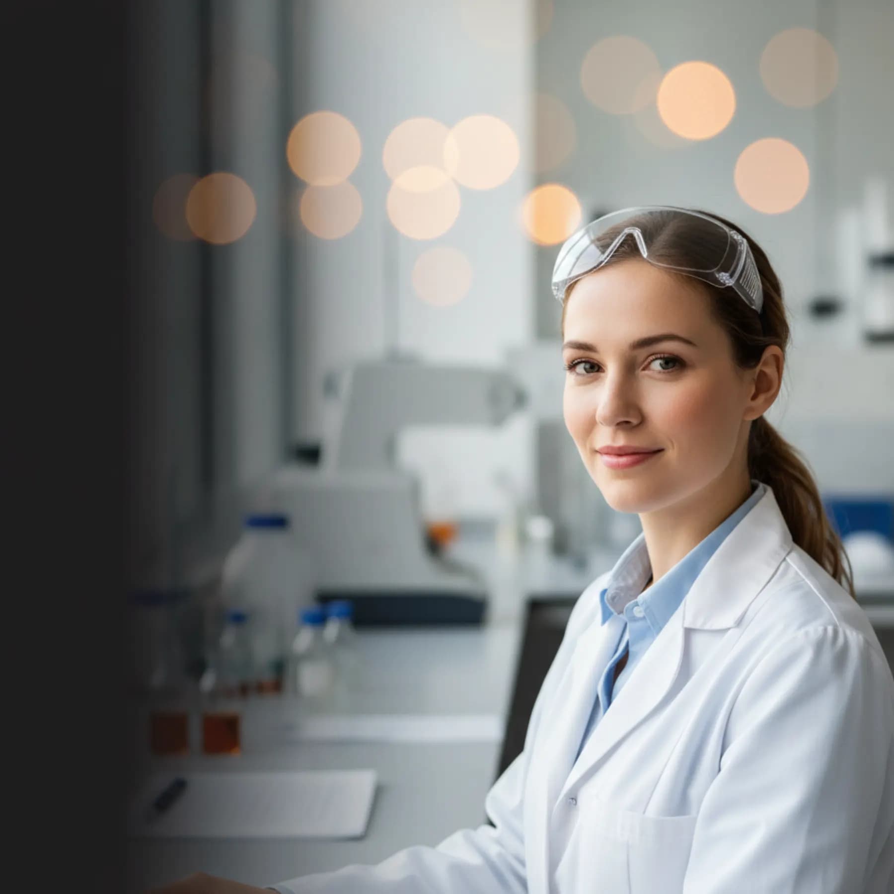 Researcher looking up from her workstation, ready to help